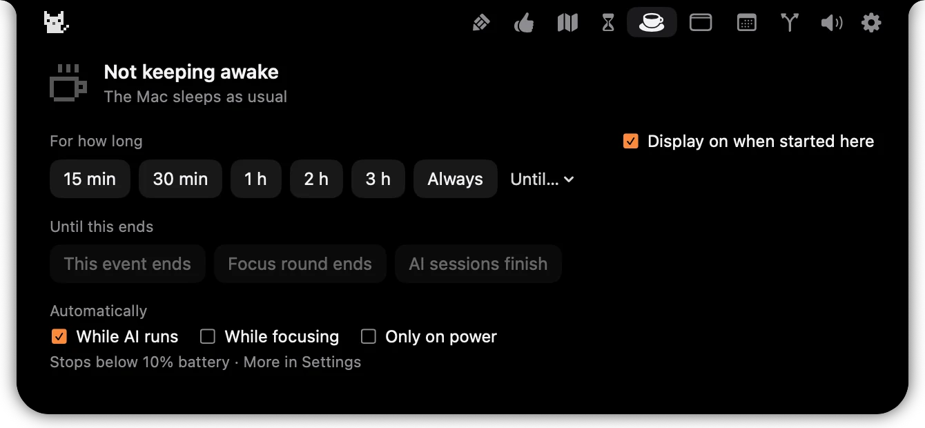 Island keep-awake settings with duration options, until-this-ends options and automatic conditions