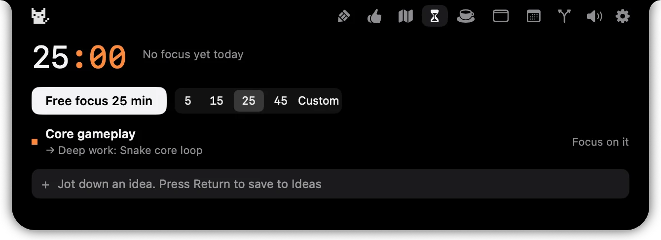 The Island focus timer at 25:00 with the current task Core gameplay and an idea field below