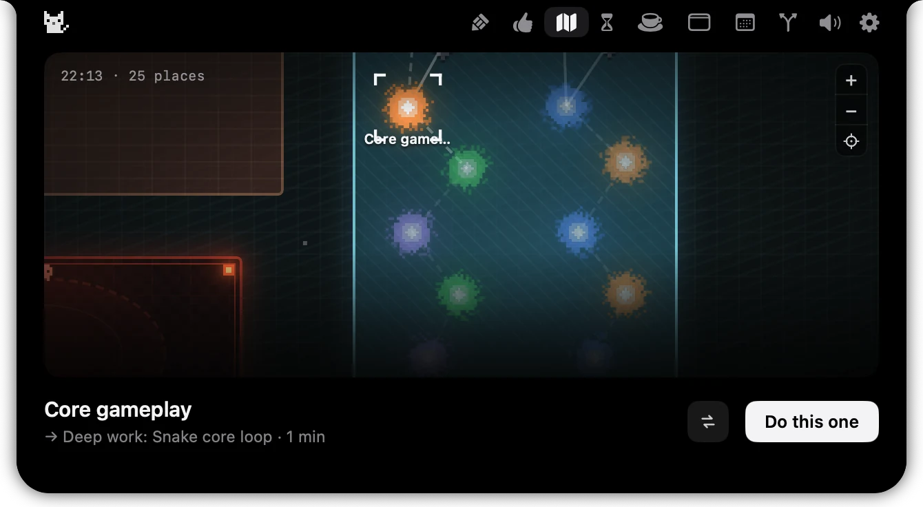The Island task map, a pixel-style map of tasks with Core gameplay selected and its next step below