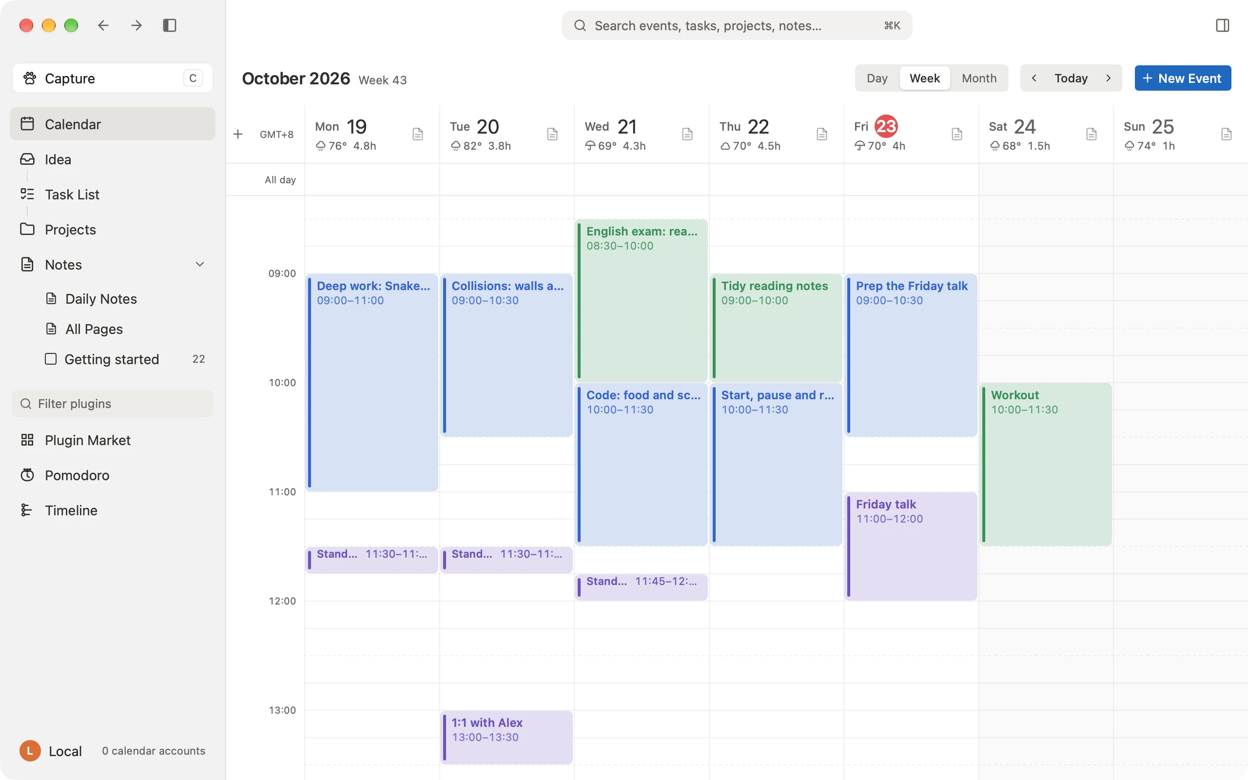 Void Calendar week view with deep work, standups, exam prep and a Friday talk laid out across the week